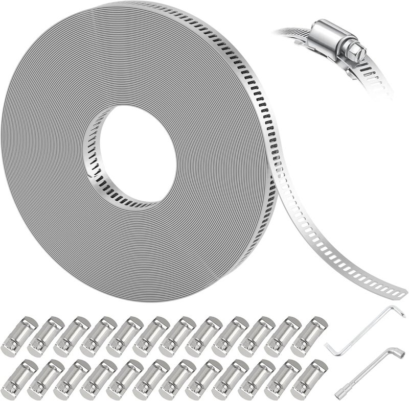 Ailbiuko Hose Clamps Assortment Kit, Worm Gear Duct Pipe Hose, 50FT 304 Stainless Steel Band Fittings Strap DIY Large Adjustable Metal Bolt with 24 Fasteners Screw for Plumbing Auto Tube Fuel Line - Image 1